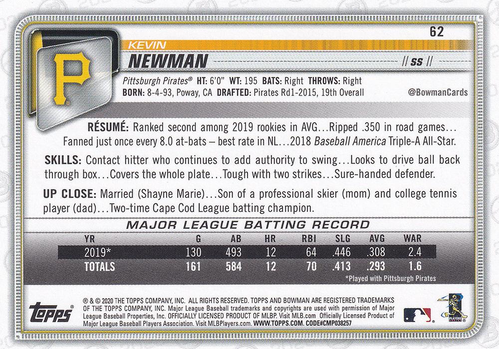 2020 Bowman Kevin Newman #62 Pittsburgh Pirates