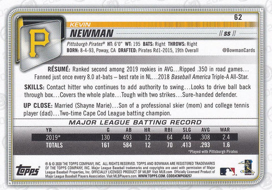 2020 Bowman Kevin Newman #62 Pittsburgh Pirates