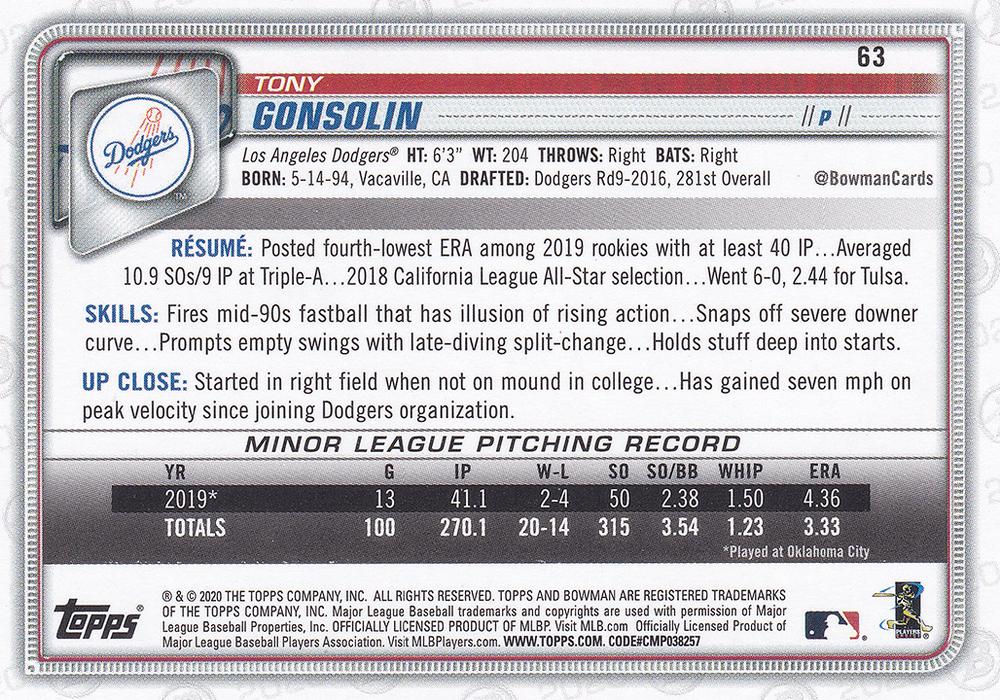 2020 Bowman Tony Gonsolin RC #63 Los Angeles Dodgers