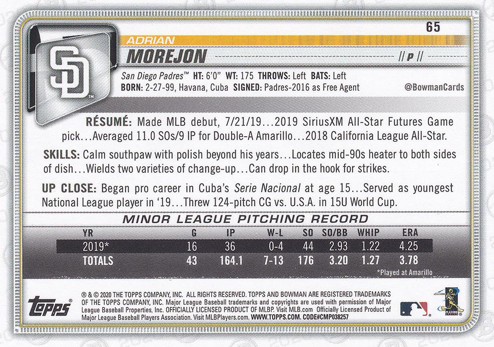 2020 Bowman Adrian Morejon RC #65 San Diego Padres