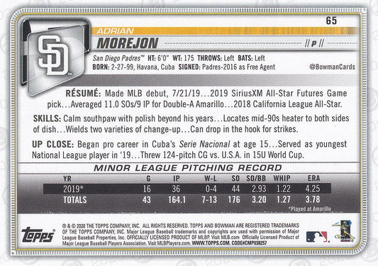 2020 Bowman Adrian Morejon RC #65 San Diego Padres
