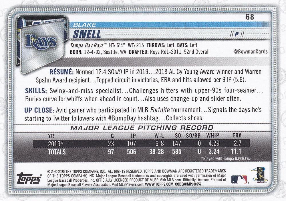 2020 Bowman Blake Snell #68 Tampa Bay Rays