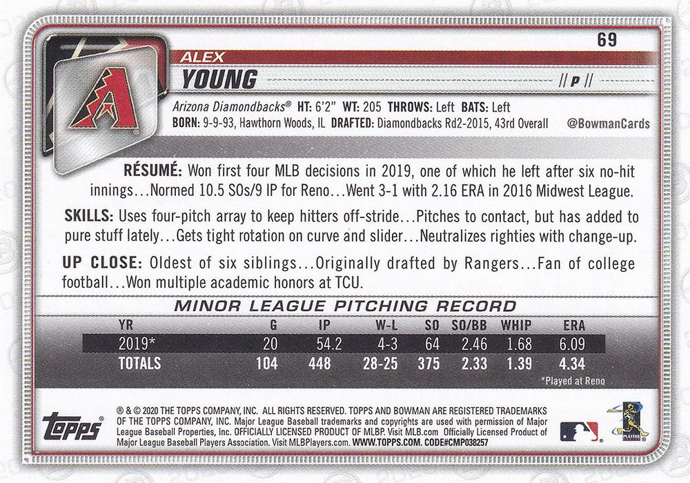 2020 Bowman Alex Young RC #69 Arizona Diamondbacks