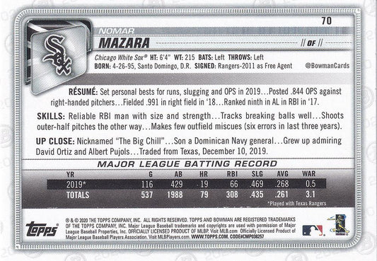 2020 Bowman Nomar Mazara #70 Chicago White Sox