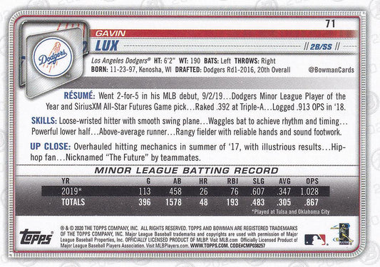 2020 Bowman Gavin Lux RC #71 Los Angeles Dodgers