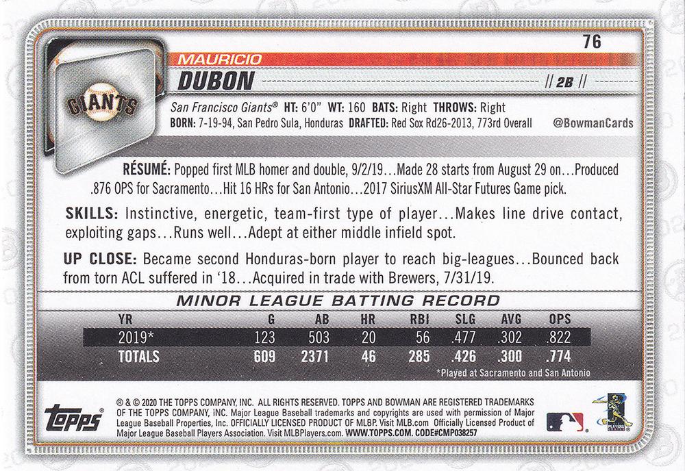 2020 Bowman Mauricio Dubon RC #76 San Francisco Giants
