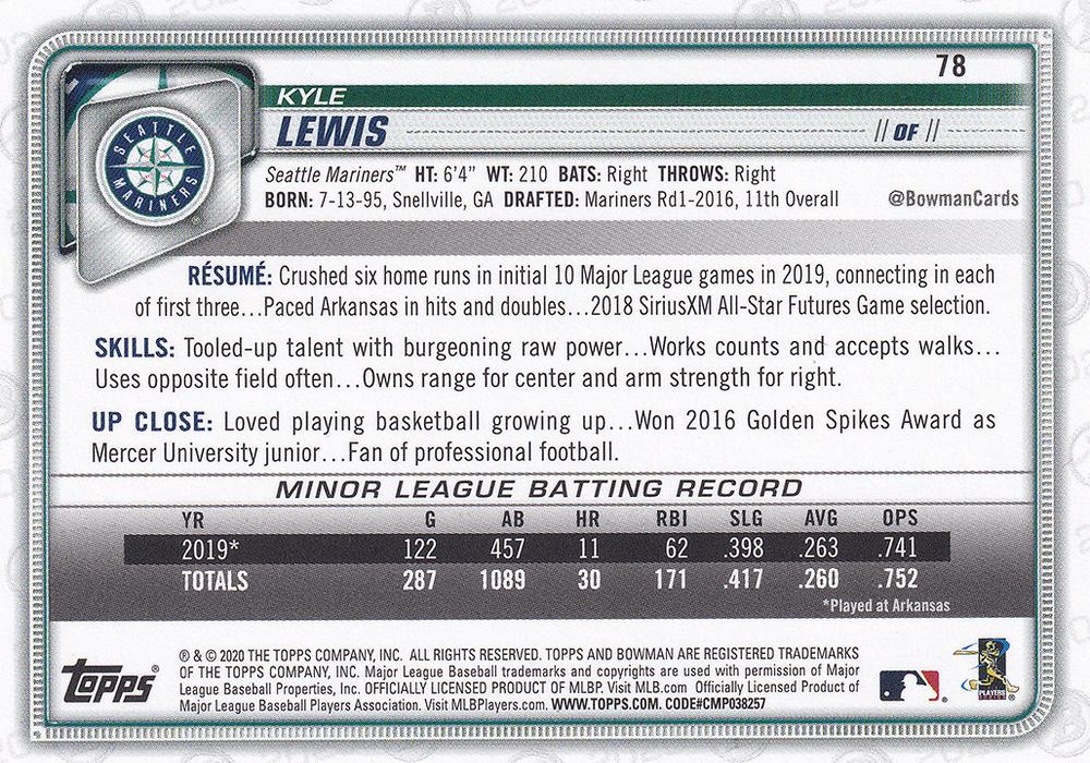 2020 Bowman Kyle Lewis RC #78 Seattle Mariners