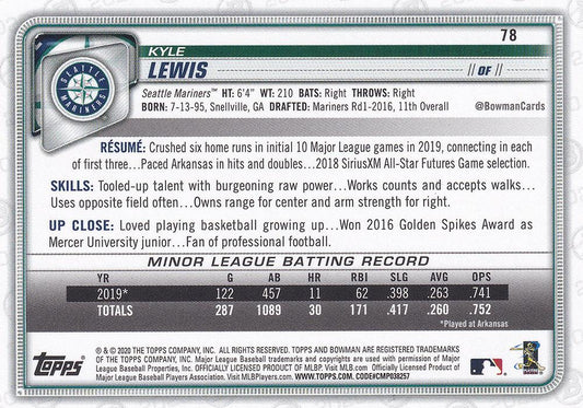 2020 Bowman Kyle Lewis RC #78 Seattle Mariners