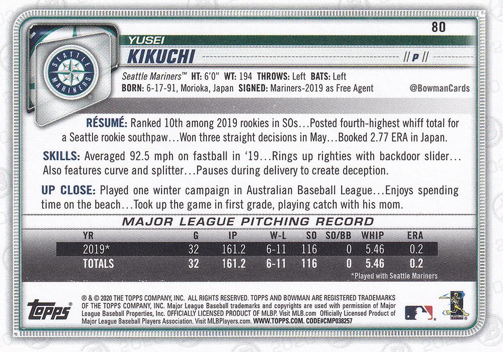 2020 Bowman Yusei Kikuchi #80 Seattle Mariners