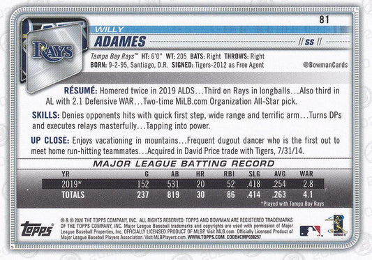 2020 Bowman Willy Adames #81 Tampa Bay Rays