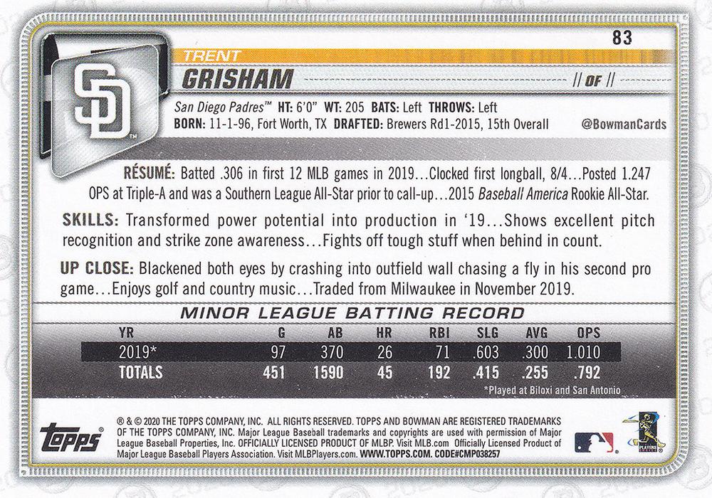 2020 Bowman Trent Grisham RC #83 San Diego Padres