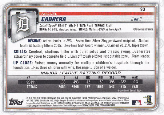 2020 Bowman Miguel Cabrera #93 Detroit Tigers