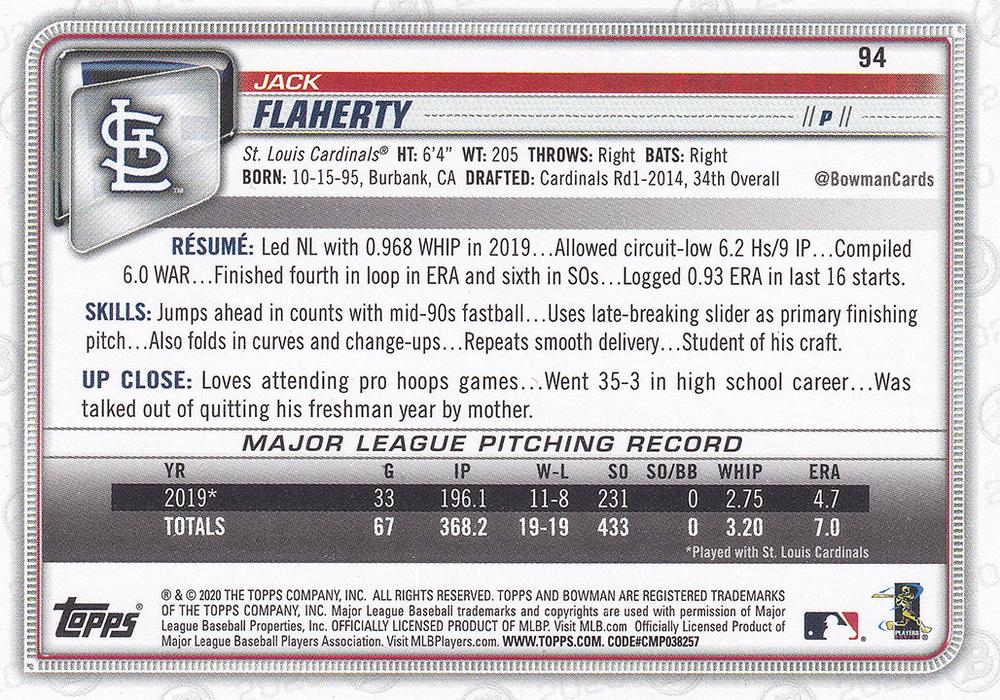 2020 Bowman Jack Flaherty #94 St. Louis Cardinals