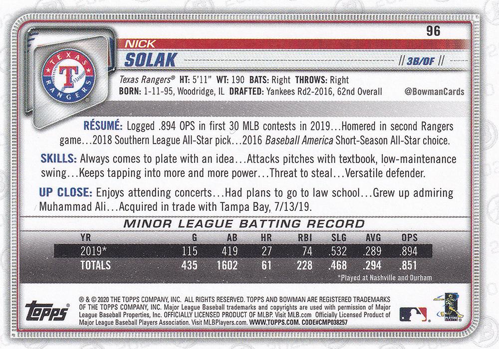 2020 Bowman Nick Solak RC #96 Texas Rangers