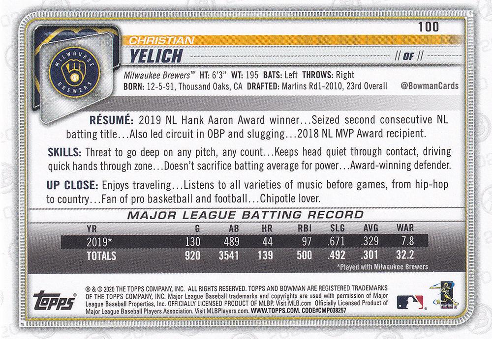 2020 Bowman Christian Yelich #100 Milwaukee Brewers