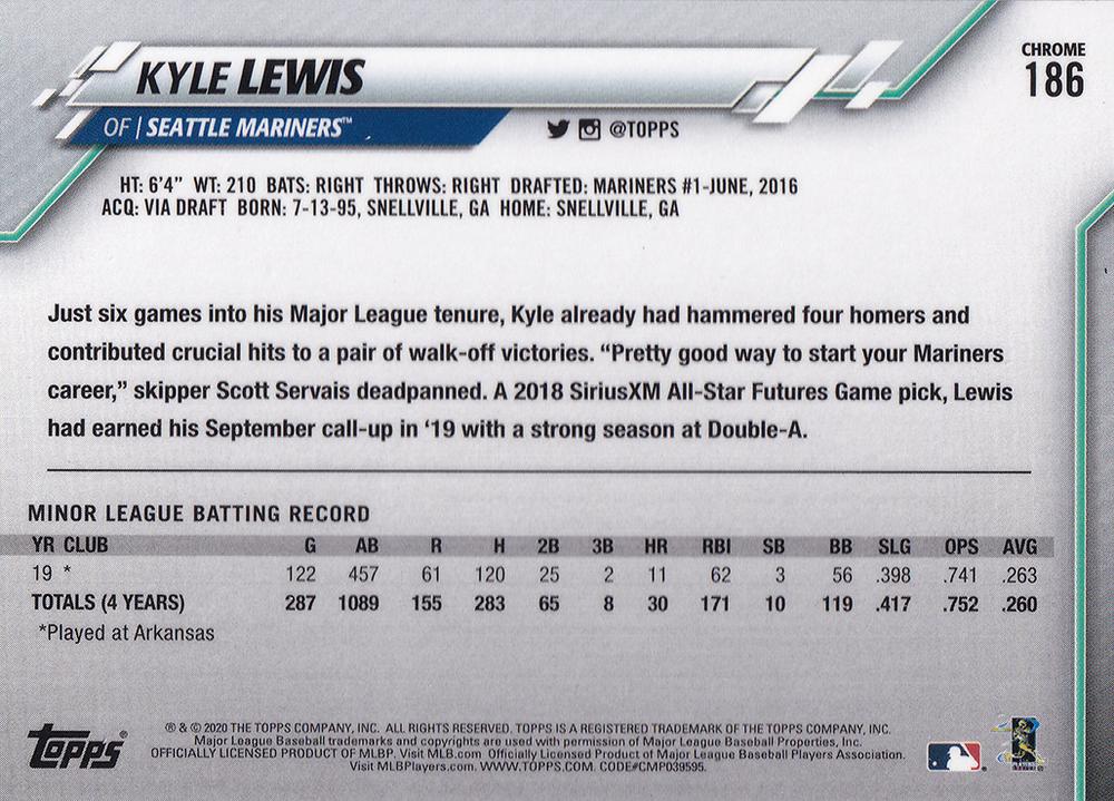 2020 Topps Chrome Kyle Lewis RC #186 Seattle Mariners