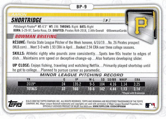 2020 Bowman Prospects Aaron Shortridge BP-9 Pittsburgh Pirates