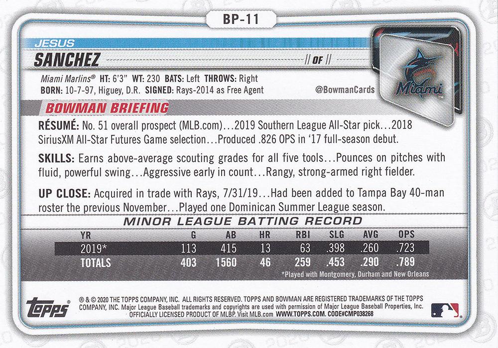 2020 Bowman Prospects Jesus Sanchez BP-11 Miami Marlins