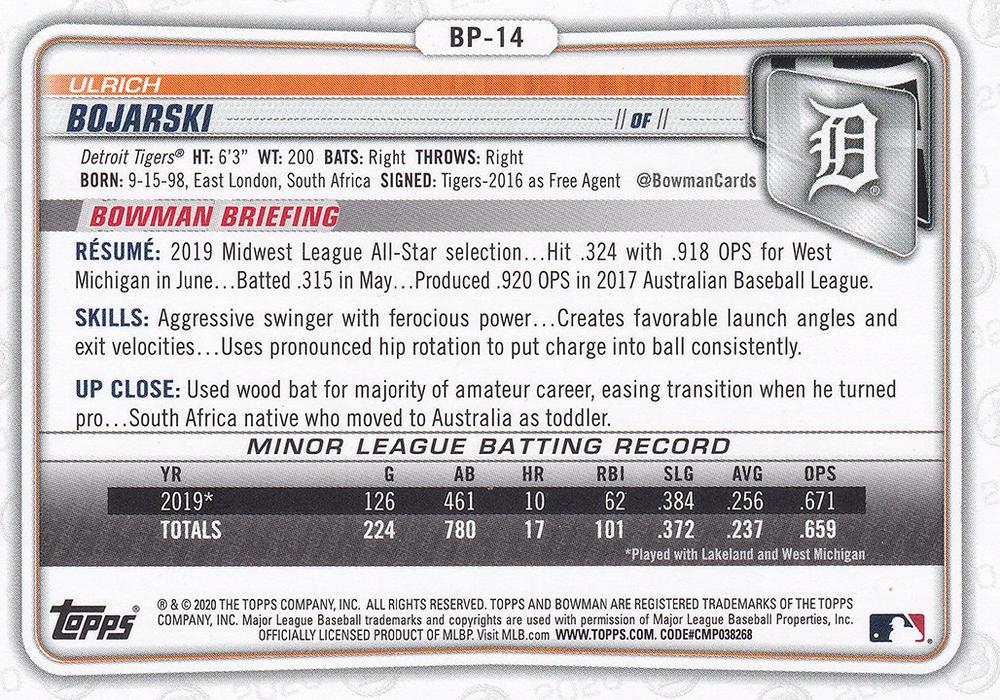 2020 Bowman Prospects Ulrich Bojarski BP-14 Detroit Tigers