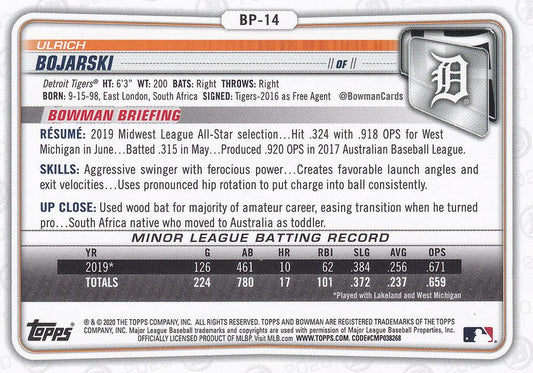 2020 Bowman Prospects Ulrich Bojarski BP-14 Detroit Tigers