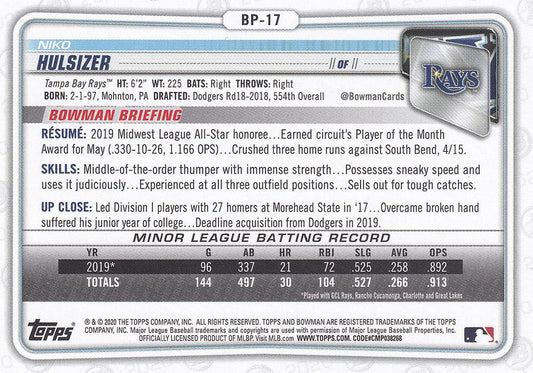 2020 Bowman Prospects Niko Hulsizer BP-17 Tampa Bay Rays