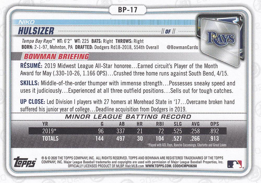 2020 Bowman Prospects Niko Hulsizer BP-17 Tampa Bay Rays