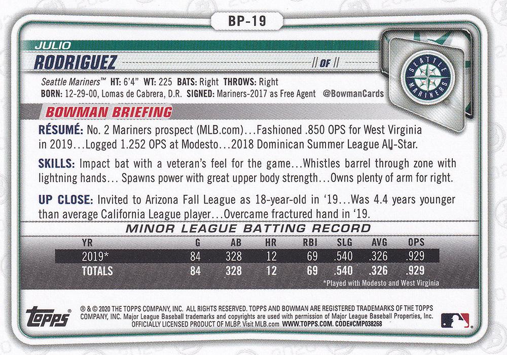 2020 Bowman Prospects Julio Rodriguez BP-19 Seattle Mariners