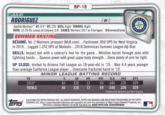 2020 Bowman Prospects Julio Rodriguez BP-19 Seattle Mariners