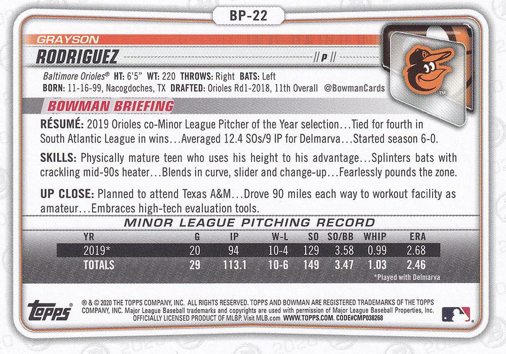 2020 Bowman Prospects Grayson Rodriguez BP-22 Baltimore Orioles