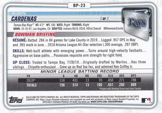 2020 Bowman Prospects Ruben Cardenas BP-23 Tampa Bay Rays