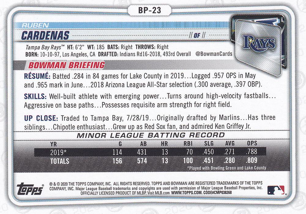 2020 Bowman Prospects Ruben Cardenas BP-23 Tampa Bay Rays