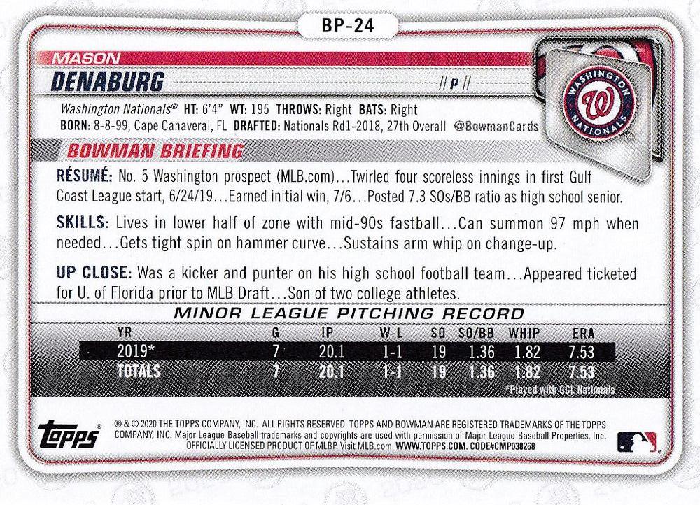 2020 Bowman Prospects Mason Denaburg BP-24 Washington Nationals
