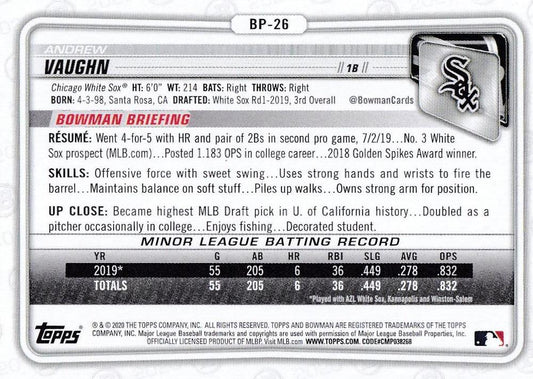 2020 Bowman Prospects Andrew Vaughn BP-26 Chicago White Sox