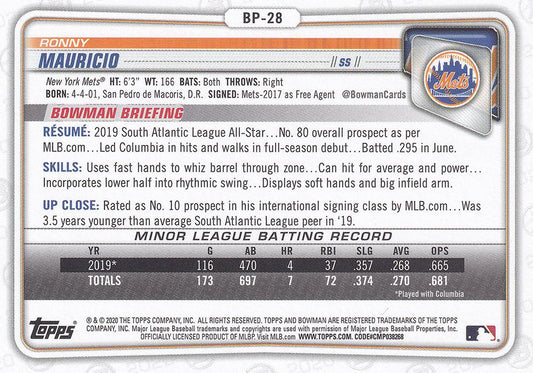 2020 Bowman Prospects Ronny Mauricio BP-28 New York Mets