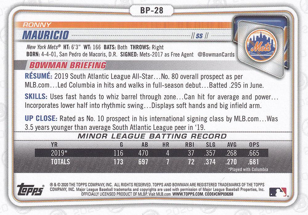 2020 Bowman Prospects Ronny Mauricio BP-28 New York Mets