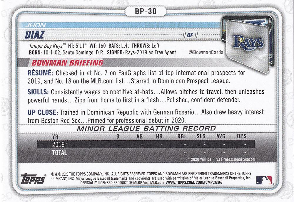 2020 Bowman Prospects Jhon Diaz BP-30 Tampa Bay Rays
