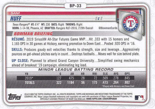 2020 Bowman Prospects Sam Huff BP-33 Texas Rangers