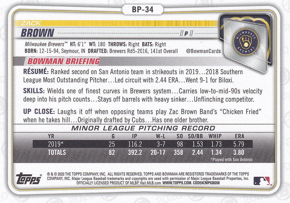 2020 Bowman Prospects Zack Brown BP-34 Milwaukee Brewers