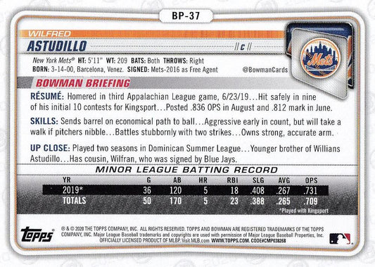 2020 Bowman Prospects Wilfred Astudillo BP-37 New York Mets