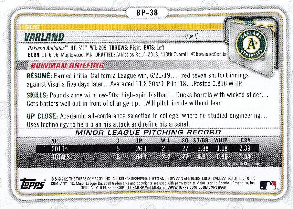2020 Bowman Prospects Gus Varland BP-38 Oakland Athletics