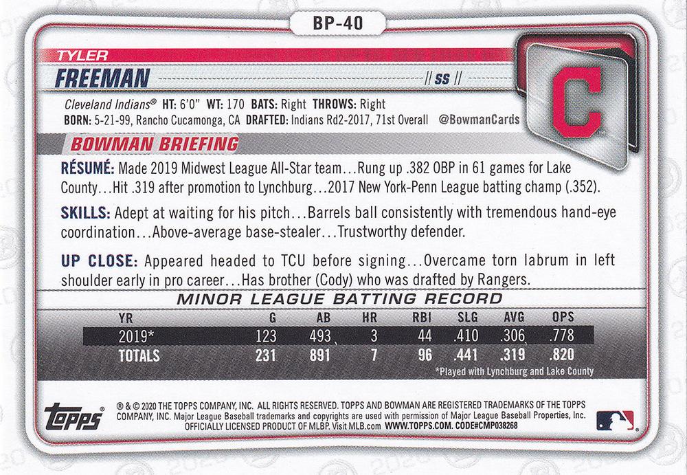2020 Bowman Prospects Tyler Freeman BP-40 Cleveland Indians