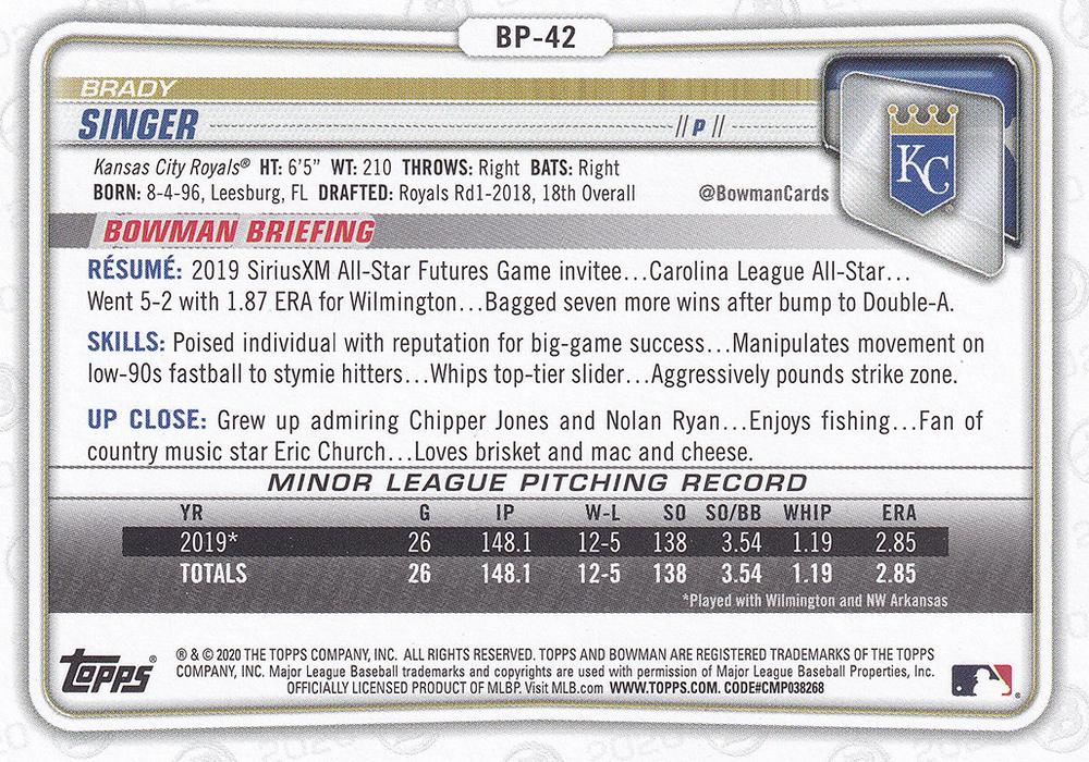 2020 Bowman Prospects Brady Singer BP-42 Kansas City Royals