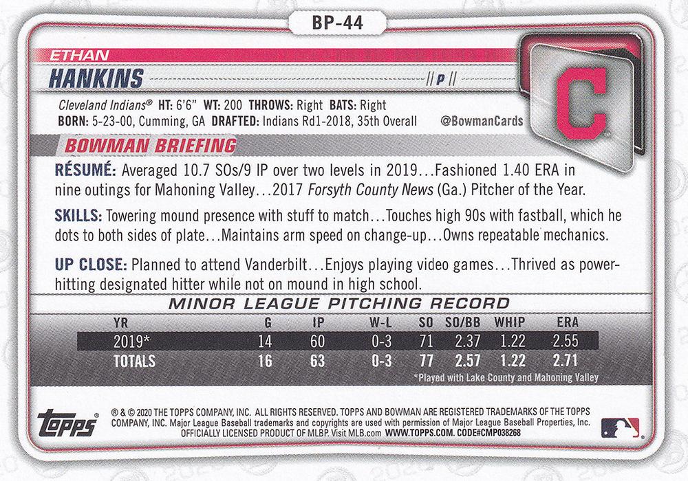 2020 Bowman Prospects Ethan Hankins BP-44 Cleveland Indians
