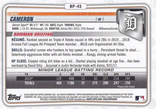 2020 Bowman Prospects Daz Cameron BP-45 Detroit Tigers