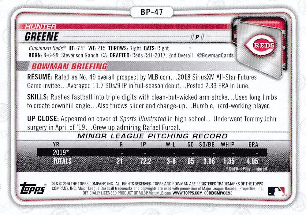2020 Bowman Prospects Hunter Greene BP-47 Cincinnati Reds
