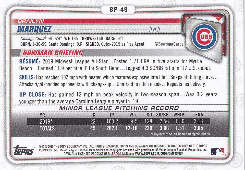 2020 Bowman Prospects Brailyn Marquez BP-49 Chicago Cubs