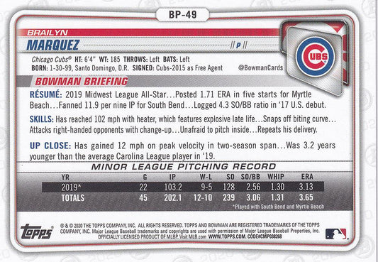 2020 Bowman Prospects Brailyn Marquez BP-49 Chicago Cubs
