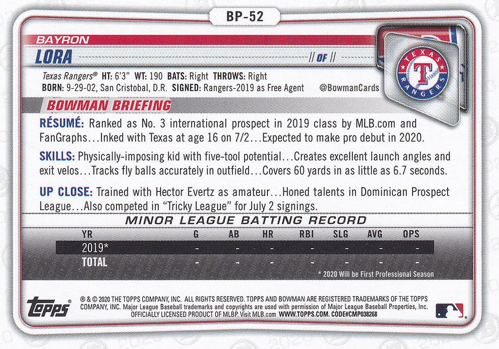 2020 Bowman Prospects Bayron Lora BP-52 Texas Rangers