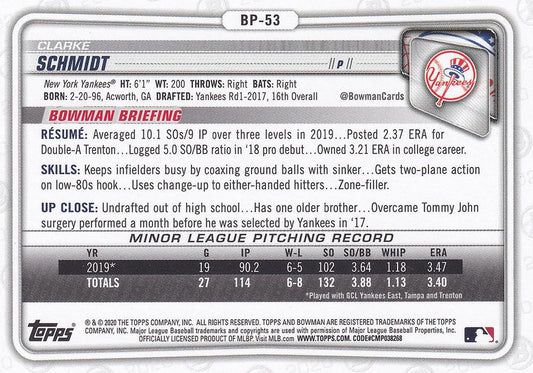 2020 Bowman Prospects Clarke Schmidt BP-53 New York Yankees