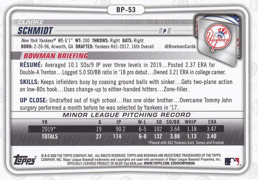2020 Bowman Prospects Clarke Schmidt BP-53 New York Yankees